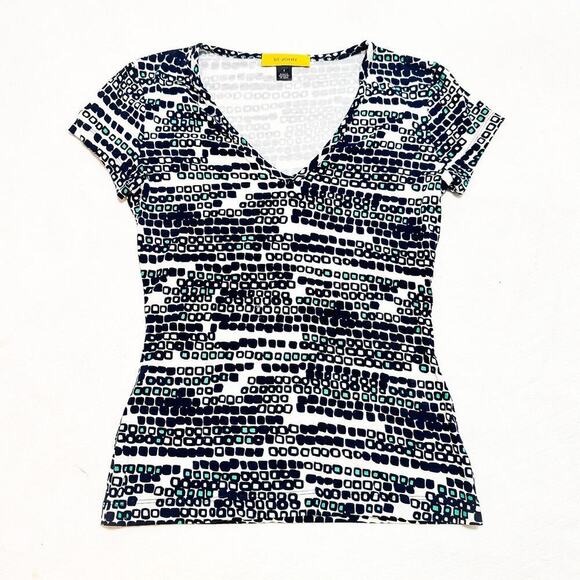 St. John Patterned Geometric V-Neck Short Sleeve Top Black White Blue Size Small - Picture 1 of 5